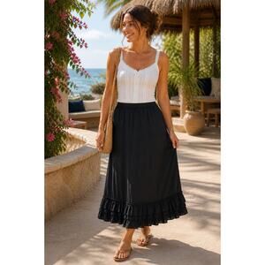 Pure DKNY Black 1990s Skirt, 100% silk Elasticated Waist Sz 6 ruffle hem